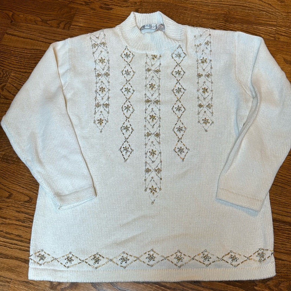 OHI beaded white cotton ramie sweater - size Large - VINTAGE